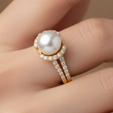 9.00 MM Real White South Sea Pearl 14K Solid Gold Luxurious Diamond Ring