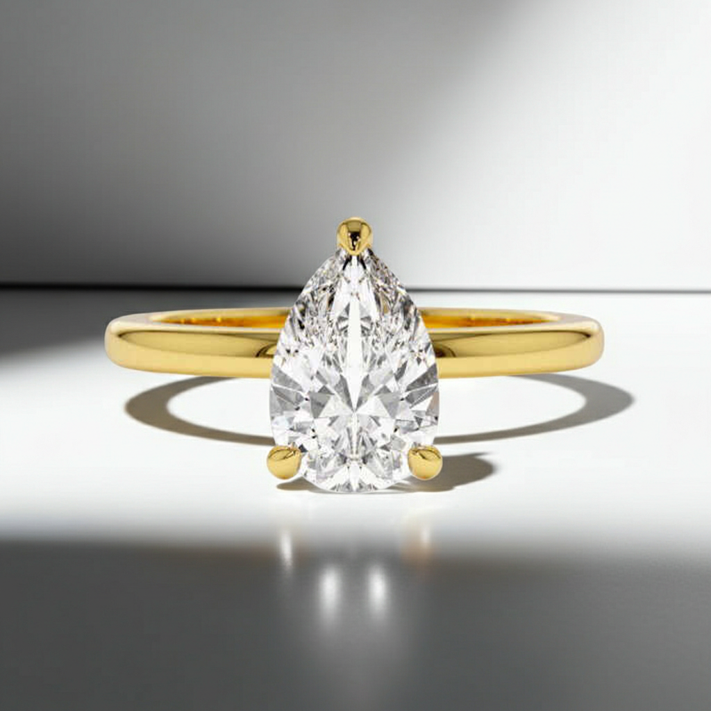 14K Solid Gold 3 Prong Pear Cut Solitaire Diamond Ring - IGI Certified