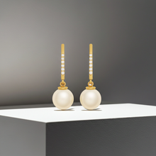 8.00MM Real South Sea Pearl Dangling Diamond 14K Solid Gold Earrings