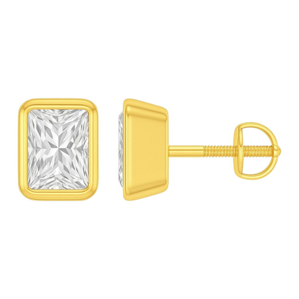 Radiant Cut 14K Solid Gold Bezel Setting Solitaire Diamond Earrings Stud - IGI Certified