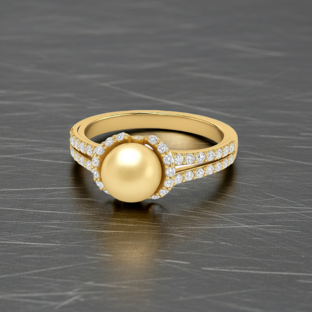 Golden Champagne 9.00 MM Real South Sea Pearl 14K Solid Gold Luxurious Diamond Ring