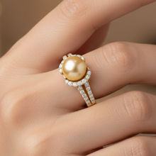 Golden Champagne 9.00 MM Real South Sea Pearl 14K Solid Gold Luxurious Diamond Ring