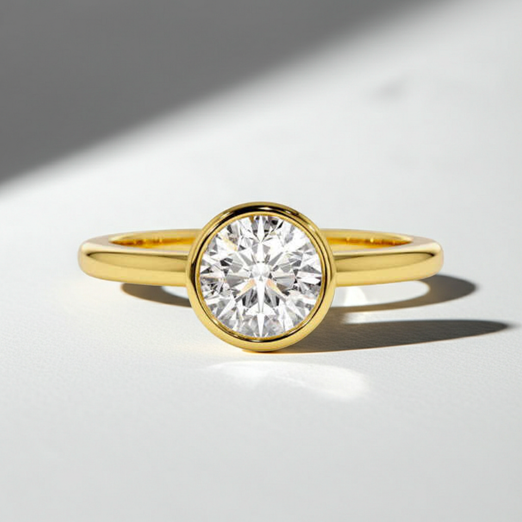 14K Solid Gold Bezel Setting Round Cut Diamond Solitaire Ring - IGI Certified